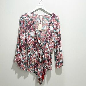 New RAGA Women’s Ivory Red Floral Long Bell Sleeve Romper Drawstring Waist Sz M